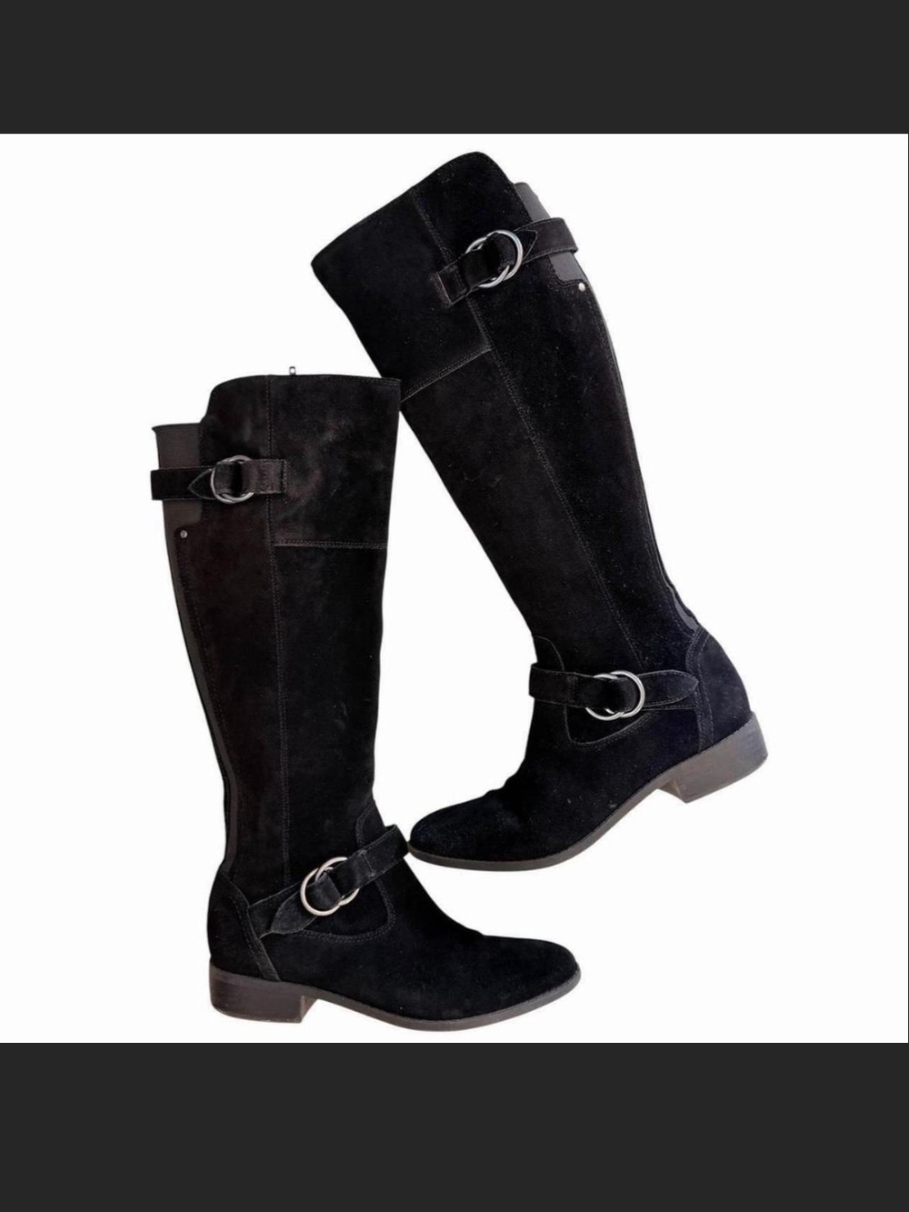 Crown Vintage black suede knee high boots with buckle, Size 8.5